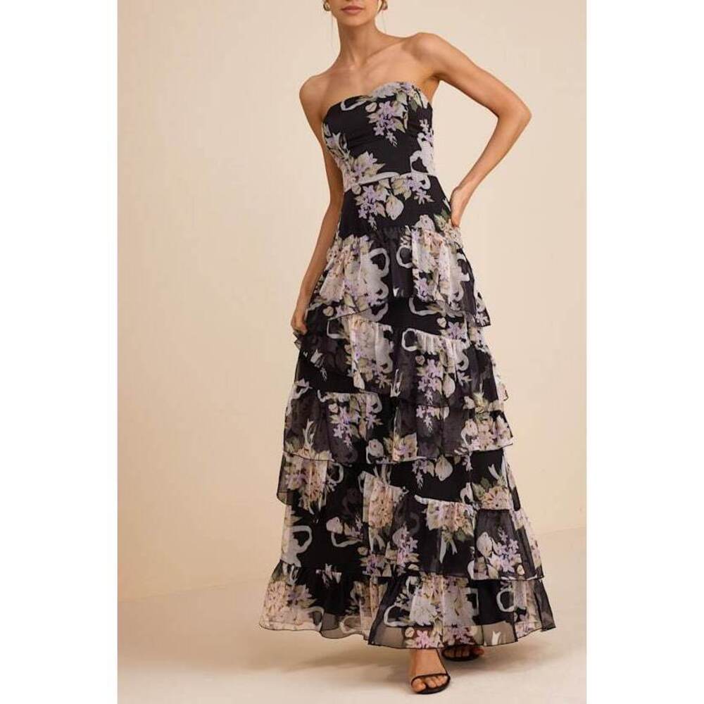 Lulus Niyati Black Floral Strapless Tiered Maxi Dress - Size S
